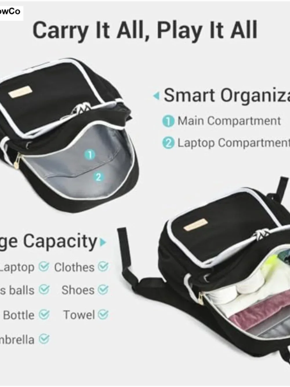 Quilted Tennis Backpack for Women Ultra-Light Racket Bag with Wet Pocket